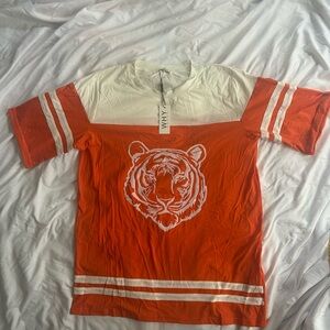 WHY Dress Vibrant Orange and White Tiger oversized shirt/dress NWT (Size Small)